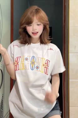 Embroidered Ethnic Style Letter Short Sleeve T-Shirt for Women - Summer 2023 Heavyweight Pure Cotton Casual Top