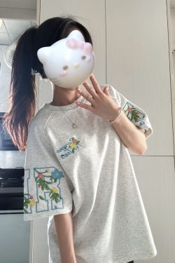 Embroidered Floral Letter Short Sleeve T-Shirt for Girls - Summer 2025 Trendy Raglan Top for Middle & High School Students