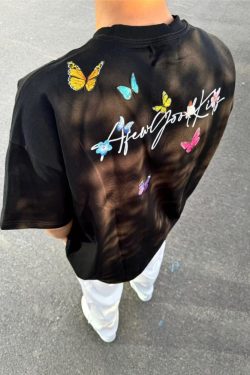 Embroidered Flying Butterfly Short Sleeve T-Shirt for Women, Summer Cotton Top, Unique Couple Outfit, Trendy Y2K Style