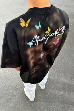 Embroidered Flying Butterfly Short Sleeve T-Shirt for Women, Summer Cotton Top, Unique Couple Outfit, Trendy Y2K Style