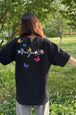 Embroidered Flying Butterfly Short Sleeve T-Shirt for Women, Summer Cotton Top, Unique Couple Outfit, Trendy Y2K Style