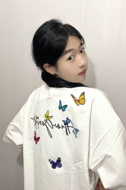 Embroidered Flying Butterfly Short Sleeve T-Shirt for Women, Summer Cotton Top, Unique Couple Outfit, Trendy Y2K Style