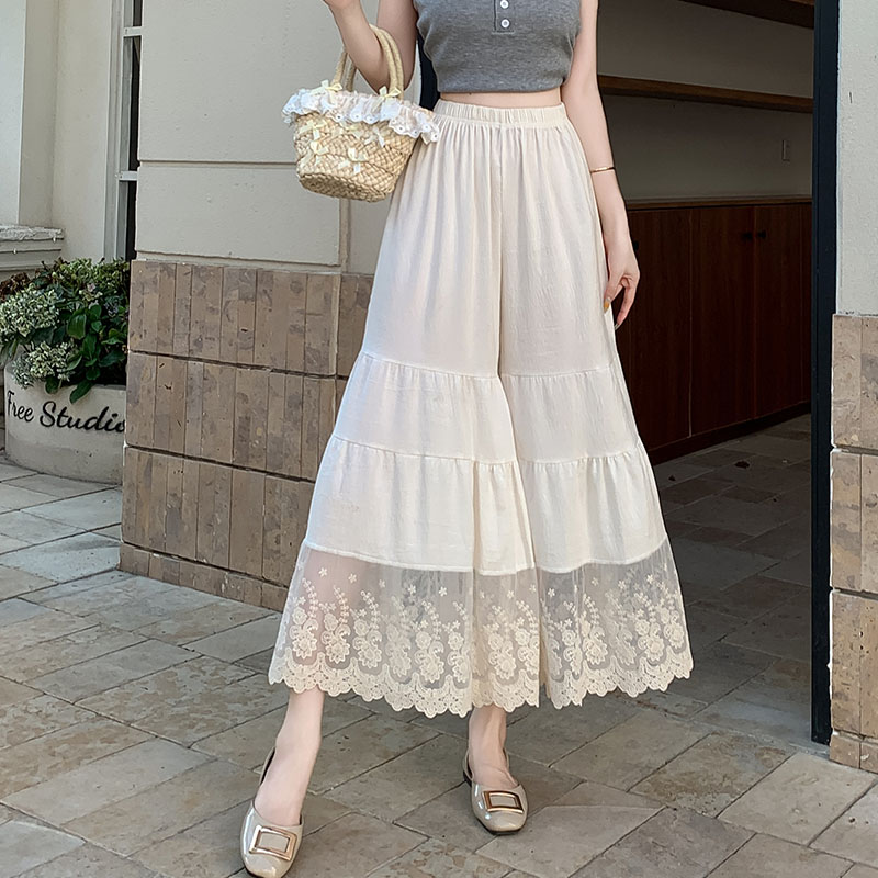 Embroidered Lace Patchwork Wide-Leg Pants with Elastic Waist for Women in Fresh Japanese Style, Cotton-Linen Blend Embroidered Lace Patchwork Wide-Leg Pants with Elastic Waist for Women in Fresh Japanese Style, Cotton-Linen Blend
