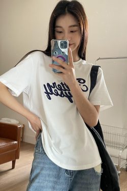 Embroidered Letter Short Sleeve T-Shirt for Women - Loose Slim Fit Spring Summer 2025 - Trendy Casual Style