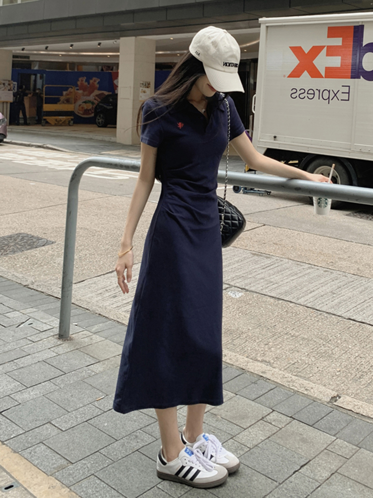 Embroidered Polo Collar Short Sleeve Dress for Women - Summer Korean Style, Plus Size, Waist-Cinching Elegant Bodycon Dress Embroidered Polo Collar Short Sleeve Dress for Women - Summer Korean Style, Plus Size, Waist-Cinching Elegant Bodycon Dress