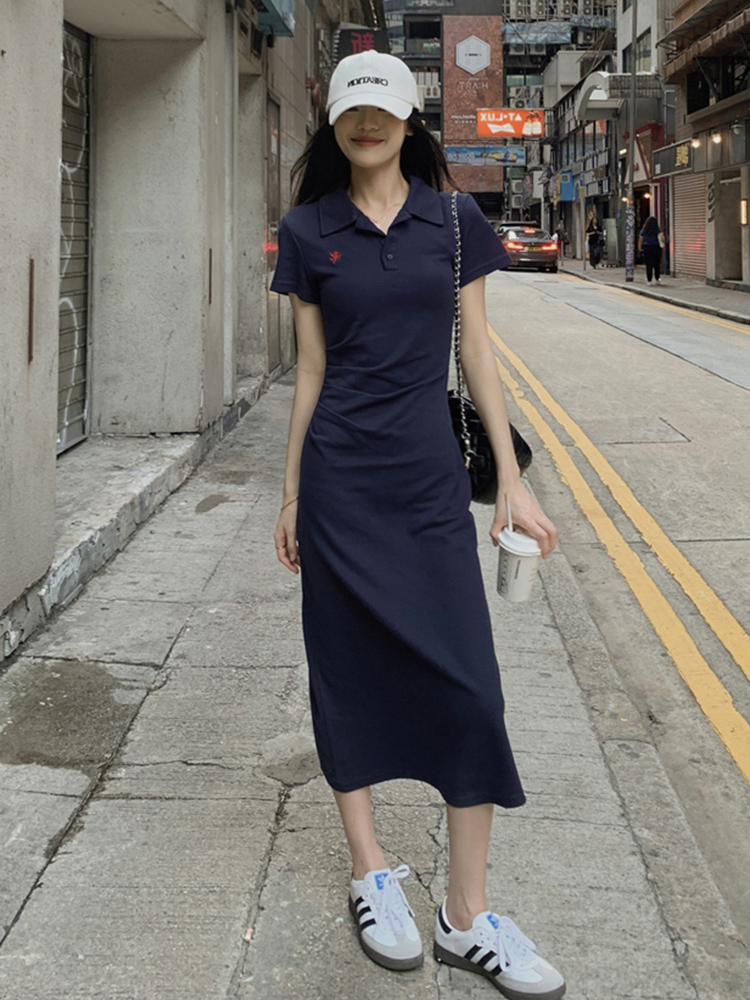 Embroidered Polo Collar Short Sleeve Dress for Women - Summer Korean Style, Plus Size, Waist-Cinching Elegant Bodycon Dress Embroidered Polo Collar Short Sleeve Dress for Women - Summer Korean Style, Plus Size, Waist-Cinching Elegant Bodycon Dress