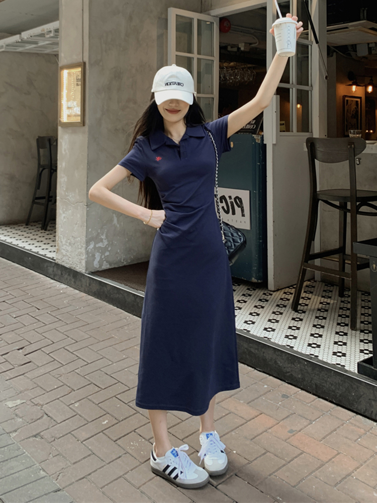 Embroidered Polo Collar Short Sleeve Dress for Women - Summer Korean Style, Plus Size, Waist-Cinching Elegant Bodycon Dress Embroidered Polo Collar Short Sleeve Dress for Women - Summer Korean Style, Plus Size, Waist-Cinching Elegant Bodycon Dress