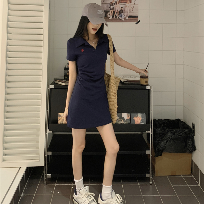 Embroidered Polo Collar Short Sleeve Dress for Women - Summer Korean Style, Plus Size, Waist-Cinching Elegant Bodycon Dress Embroidered Polo Collar Short Sleeve Dress for Women - Summer Korean Style, Plus Size, Waist-Cinching Elegant Bodycon Dress