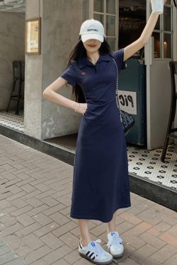 Embroidered Polo Collar Short Sleeve Dress for Women - Summer Korean Style, Plus Size, Waist-Cinching Elegant Bodycon Dress