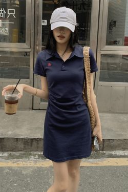 Embroidered Polo Collar Short Sleeve Dress for Women - Summer Korean Style, Plus Size, Waist-Cinching Elegant Bodycon Dress
