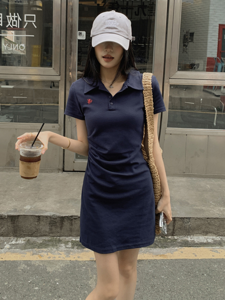 Embroidered Polo Collar Short Sleeve Dress for Women - Summer Korean Style, Plus Size, Waist-Cinching Elegant Bodycon Dress Embroidered Polo Collar Short Sleeve Dress for Women - Summer Korean Style, Plus Size, Waist-Cinching Elegant Bodycon Dress