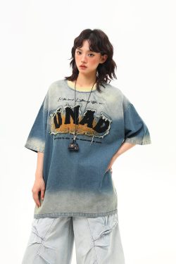Embroidered Retro Washed Denim Short-Sleeve T-Shirt for Women - High-End Summer Fashion Trend