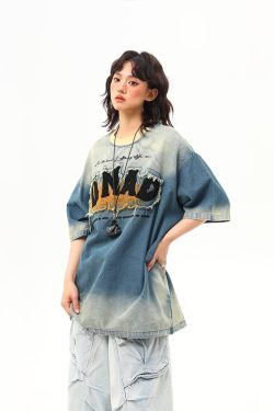 Embroidered Retro Washed Denim Short-Sleeve T-Shirt for Women - High-End Summer Fashion Trend