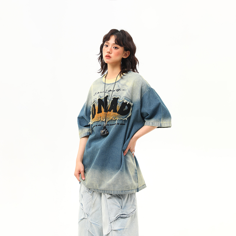 Embroidered Retro Washed Denim Short-Sleeve T-Shirt for Women - High-End Summer Fashion Trend Embroidered Retro Washed Denim Short-Sleeve T-Shirt for Women - High-End Summer Fashion Trend