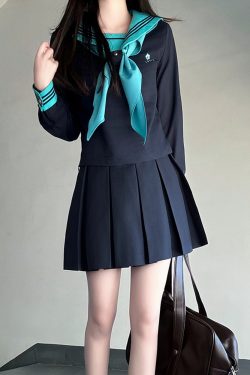 Embroidered Sailor Suit Dress - Long Sleeve College Style Japanese JK Uniform with Pudding Bear Design - Summer Fashion