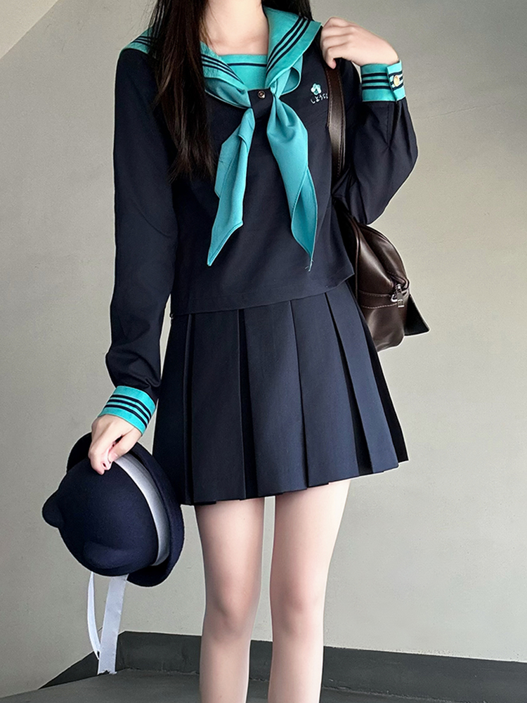 Embroidered Sailor Suit Dress - Long Sleeve College Style Japanese JK Uniform with Pudding Bear Design - Summer Fashion Embroidered Sailor Suit Dress - Long Sleeve College Style Japanese JK Uniform with Pudding Bear Design - Summer Fashion