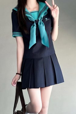 Embroidered Sailor Suit Dress - Long Sleeve College Style Japanese JK Uniform with Pudding Bear Design - Summer Fashion