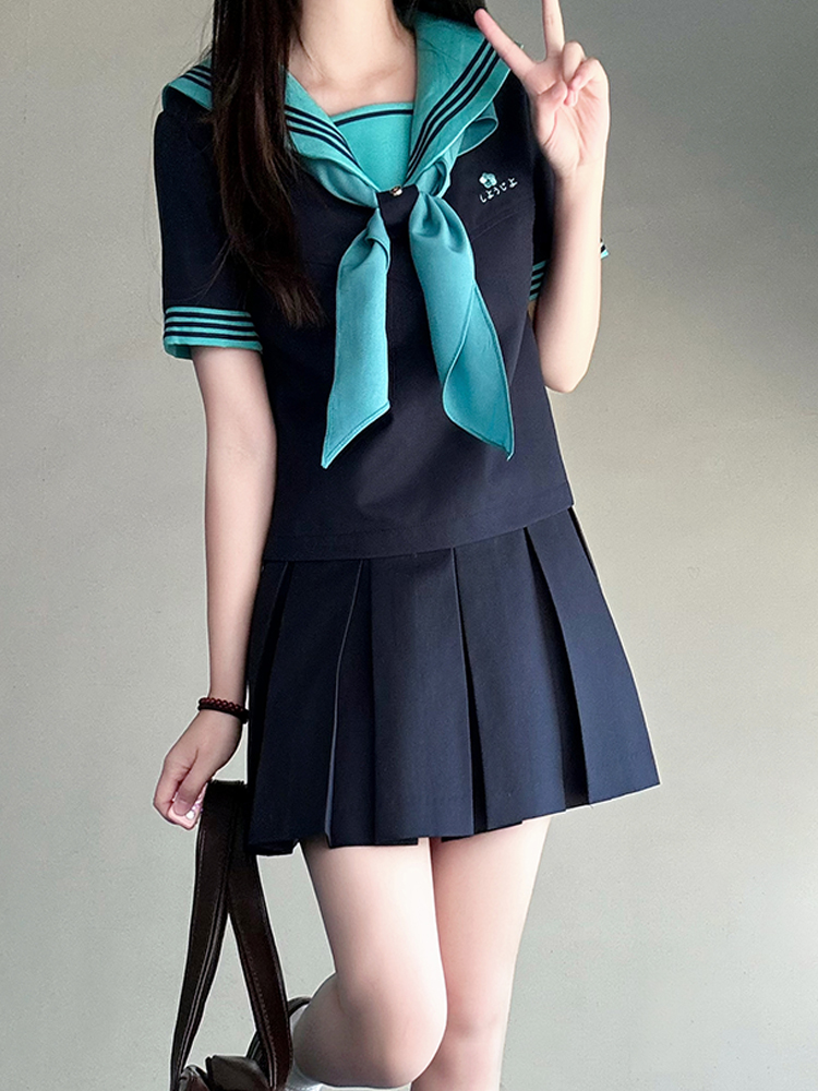 Embroidered Sailor Suit Dress - Long Sleeve College Style Japanese JK Uniform with Pudding Bear Design - Summer Fashion Embroidered Sailor Suit Dress - Long Sleeve College Style Japanese JK Uniform with Pudding Bear Design - Summer Fashion