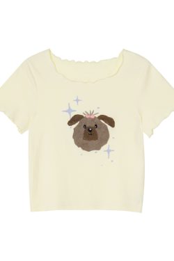 Embroidered Short-Sleeve T-Shirt for Women - Big Round Neck, Summer 2025, Petite Fit, Cute Dog Design, Casual Style