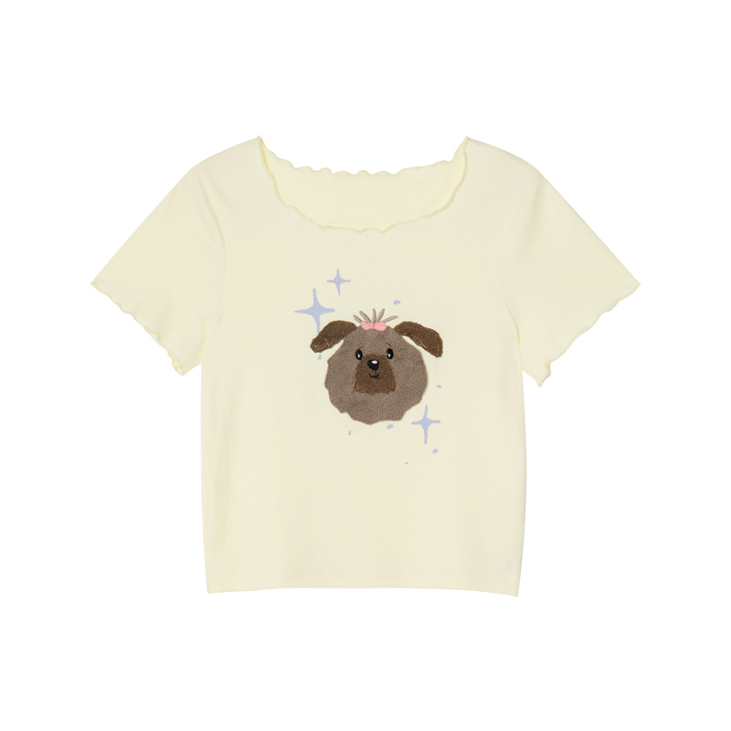 Embroidered Short-Sleeve T-Shirt for Women - Big Round Neck, Summer 2025, Petite Fit, Cute Dog Design, Casual Style Embroidered Short-Sleeve T-Shirt for Women - Big Round Neck, Summer 2025, Petite Fit, Cute Dog Design, Casual Style