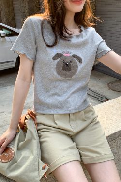 Embroidered Short-Sleeve T-Shirt for Women - Big Round Neck, Summer 2025, Petite Fit, Cute Dog Design, Casual Style