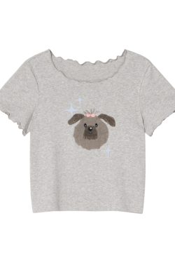 Embroidered Short-Sleeve T-Shirt for Women - Big Round Neck, Summer 2025, Petite Fit, Cute Dog Design, Casual Style