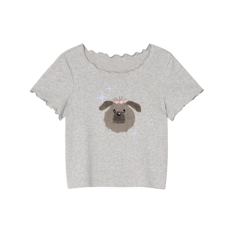 Embroidered Short-Sleeve T-Shirt for Women - Big Round Neck, Summer 2025, Petite Fit, Cute Dog Design, Casual Style Embroidered Short-Sleeve T-Shirt for Women - Big Round Neck, Summer 2025, Petite Fit, Cute Dog Design, Casual Style
