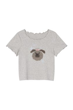 Embroidered Short-Sleeve T-Shirt for Women - Big Round Neck, Summer 2025, Petite Fit, Cute Dog Design, Casual Style