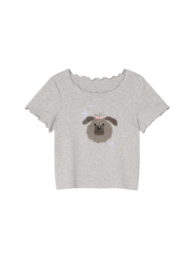 Embroidered Short-Sleeve T-Shirt for Women - Big Round Neck, Summer 2025, Petite Fit, Cute Dog Design, Casual Style Embroidered Short-Sleeve T-Shirt for Women - Big Round Neck, Summer 2025, Petite Fit, Cute Dog Design, Casual Style