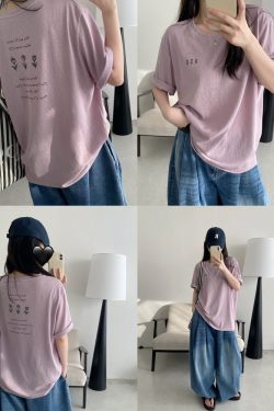 Energetic Rose Print Cotton T-shirt in Japanese Style with Sun Grapefruit and Snowflake Design - Loose Casual Versatile Top