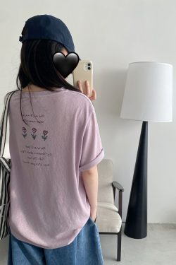 Energetic Rose Print Cotton T-shirt in Japanese Style with Sun Grapefruit and Snowflake Design - Loose Casual Versatile Top