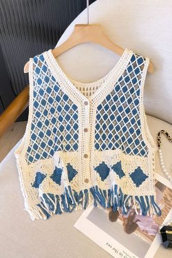 Ethnic Diamond Check Tassel Knitted Vest for Women - Hollow-Out Cardigan for Prairie and Seaside Vacation Style
