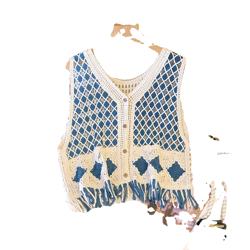 Ethnic Diamond Check Tassel Knitted Vest for Women - Hollow-Out Cardigan for Prairie and Seaside Vacation Style Ethnic Diamond Check Tassel Knitted Vest for Women - Hollow-Out Cardigan for Prairie and Seaside Vacation Style
