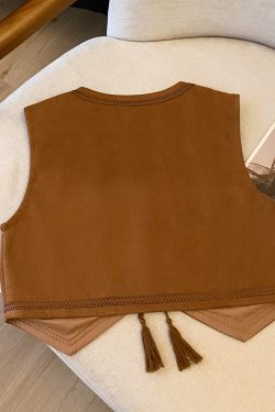 Ethnic Style Brown Suede Embroidered Lace-Up Vest for Women - Versatile Backless Travel Outfit with Artistic Temperament