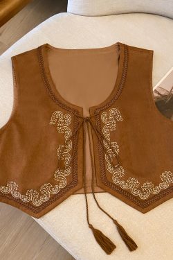 Ethnic Style Brown Suede Embroidered Lace-Up Vest for Women - Versatile Backless Travel Outfit with Artistic Temperament