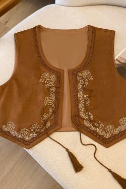 Ethnic Style Brown Suede Embroidered Lace-Up Vest for Women - Versatile Backless Travel Outfit with Artistic Temperament