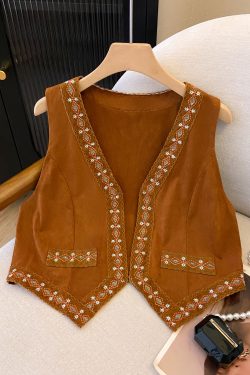 Ethnic Style Brown Suede Vest with Totem Embroidery - Layered Tank Top Jacket for Vacation and Boho Fashion
