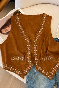 Ethnic Style Brown Suede Vest with Totem Embroidery - Layered Tank Top Jacket for Vacation and Boho Fashion