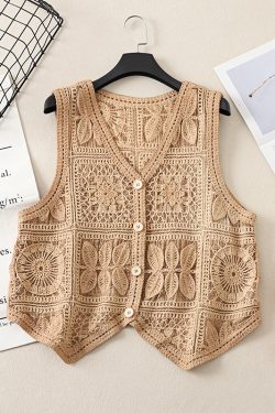 Ethnic Style Lace Crochet Hollow V-Neck Vest Tank Top - Loose Fit Versatile Layered Cardigan for Boho Chic Look
