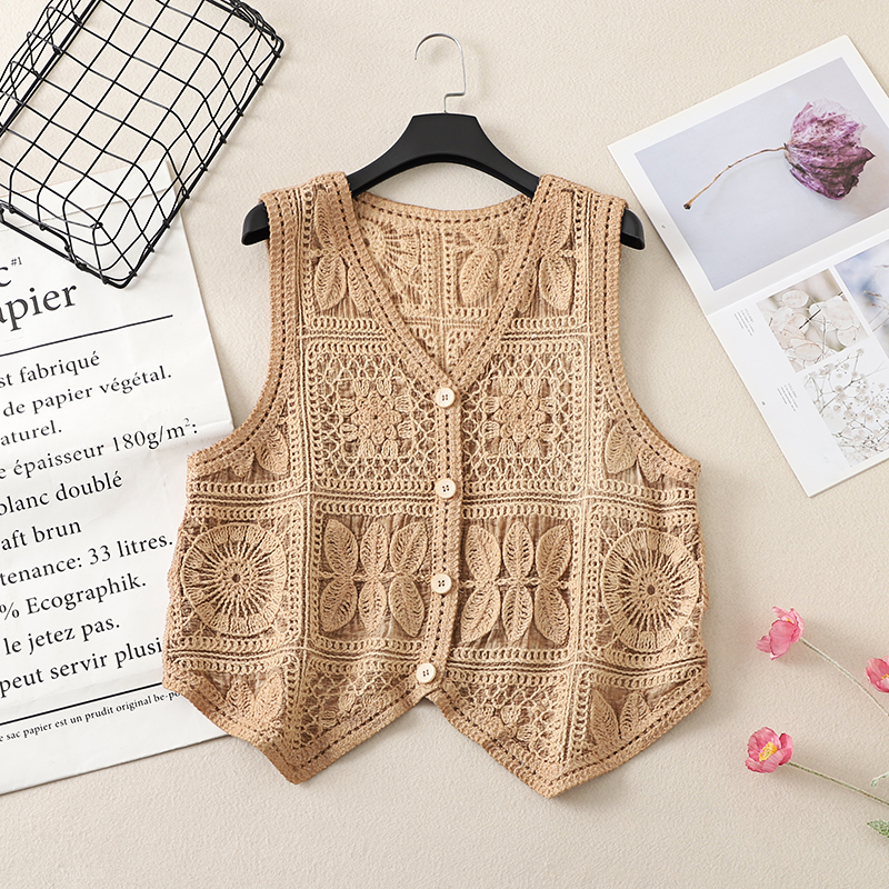 Ethnic Style Lace Crochet Hollow V-Neck Vest Tank Top - Loose Fit Versatile Layered Cardigan for Boho Chic Look Ethnic Style Lace Crochet Hollow V-Neck Vest Tank Top - Loose Fit Versatile Layered Cardigan for Boho Chic Look