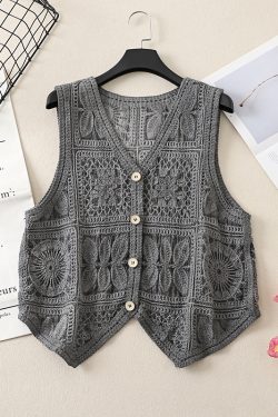 Ethnic Style Lace Crochet Hollow V-Neck Vest Tank Top - Loose Fit Versatile Layered Cardigan for Boho Chic Look