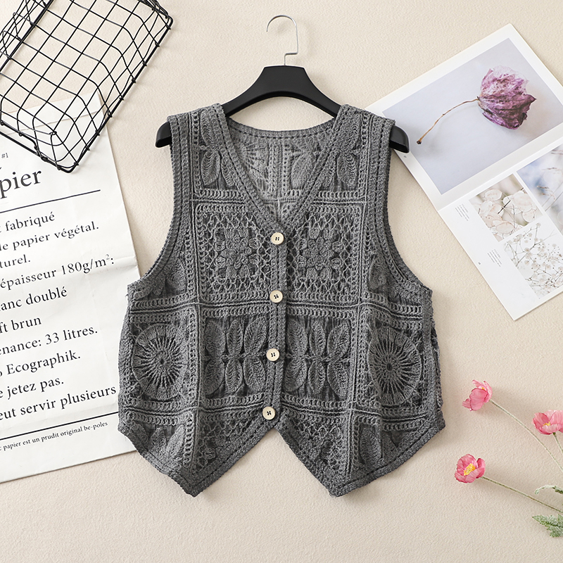 Ethnic Style Lace Crochet Hollow V-Neck Vest Tank Top - Loose Fit Versatile Layered Cardigan for Boho Chic Look Ethnic Style Lace Crochet Hollow V-Neck Vest Tank Top - Loose Fit Versatile Layered Cardigan for Boho Chic Look