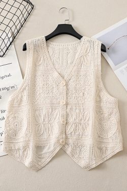 Ethnic Style Lace Crochet Hollow V-Neck Vest Tank Top - Loose Fit Versatile Layered Cardigan for Boho Chic Look
