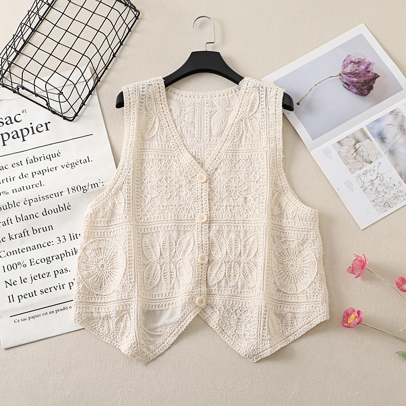 Ethnic Style Lace Crochet Hollow V-Neck Vest Tank Top - Loose Fit Versatile Layered Cardigan for Boho Chic Look Ethnic Style Lace Crochet Hollow V-Neck Vest Tank Top - Loose Fit Versatile Layered Cardigan for Boho Chic Look
