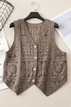 Ethnic Style Lace Crochet Hollow V-Neck Vest Tank Top - Loose Fit Versatile Layered Cardigan for Boho Chic Look