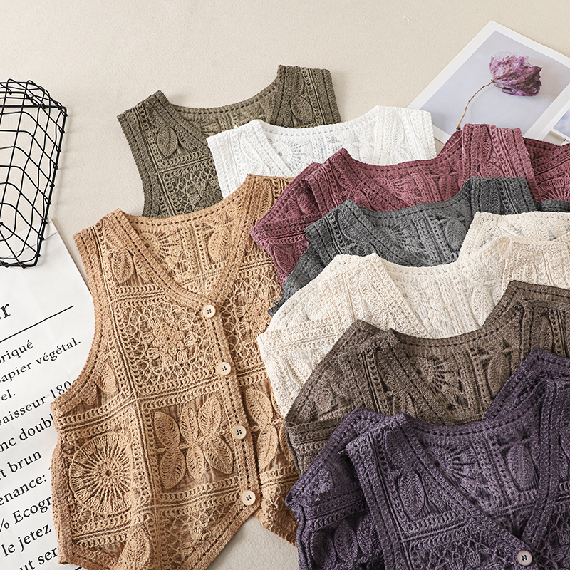 Ethnic Style Lace Crochet Hollow V-Neck Vest Tank Top - Loose Fit Versatile Layered Cardigan for Boho Chic Look Ethnic Style Lace Crochet Hollow V-Neck Vest Tank Top - Loose Fit Versatile Layered Cardigan for Boho Chic Look