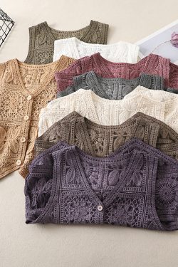 Ethnic Style Lace Crochet Hollow V-Neck Vest Tank Top - Loose Fit Versatile Layered Cardigan for Boho Chic Look
