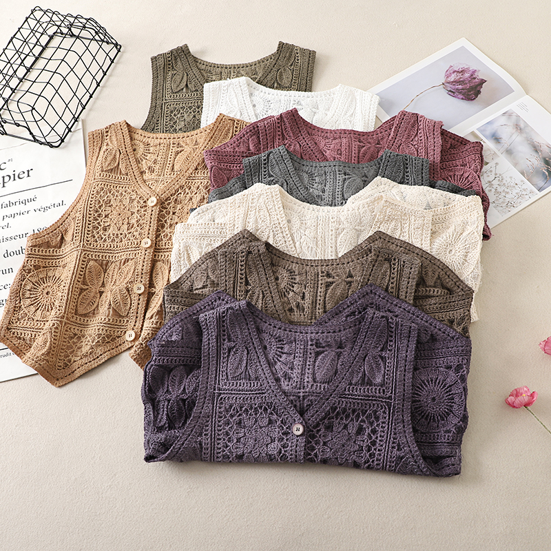 Ethnic Style Lace Crochet Hollow V-Neck Vest Tank Top - Loose Fit Versatile Layered Cardigan for Boho Chic Look Ethnic Style Lace Crochet Hollow V-Neck Vest Tank Top - Loose Fit Versatile Layered Cardigan for Boho Chic Look