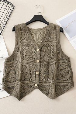 Ethnic Style Lace Crochet Hollow V-Neck Vest Tank Top - Loose Fit Versatile Layered Cardigan for Boho Chic Look