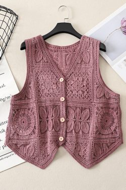 Ethnic Style Lace Crochet Hollow V-Neck Vest Tank Top - Loose Fit Versatile Layered Cardigan for Boho Chic Look